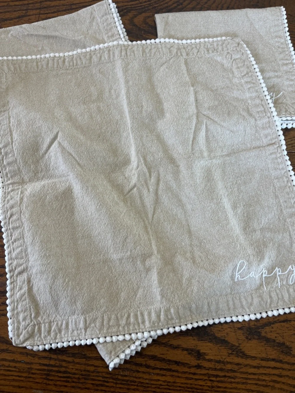 Mud pie Beige 'happy' Embroidered Napkins with Pom Trim - Set of 4